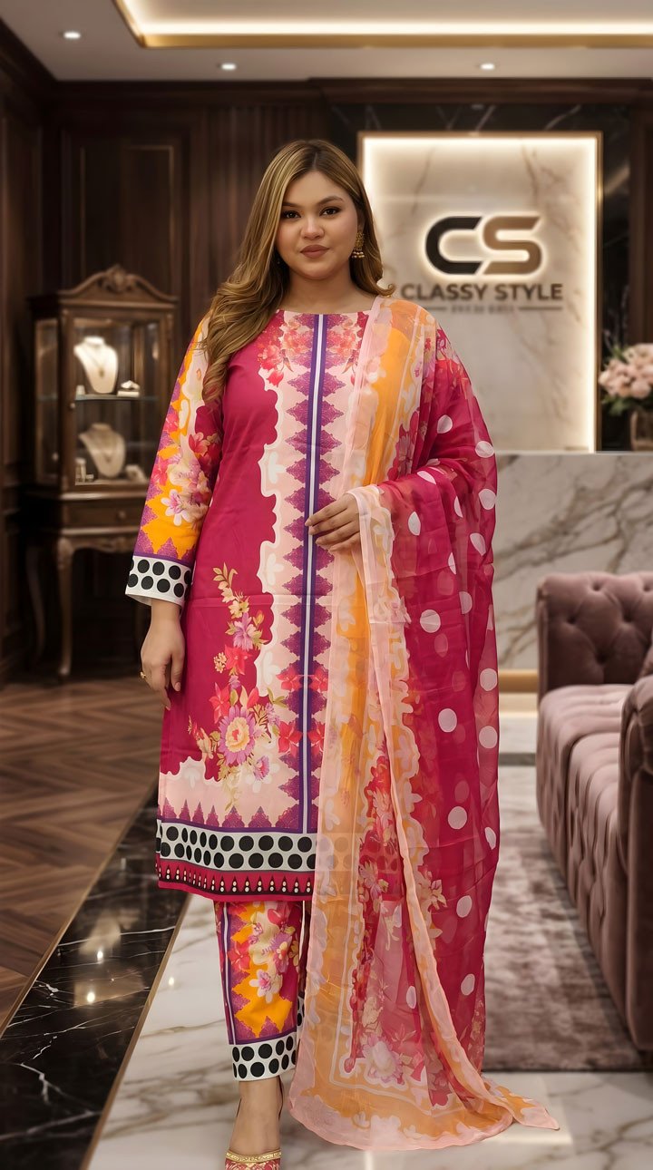 Coco Premium Cotton Lawn Three Piece Set Chiffon Dupatta