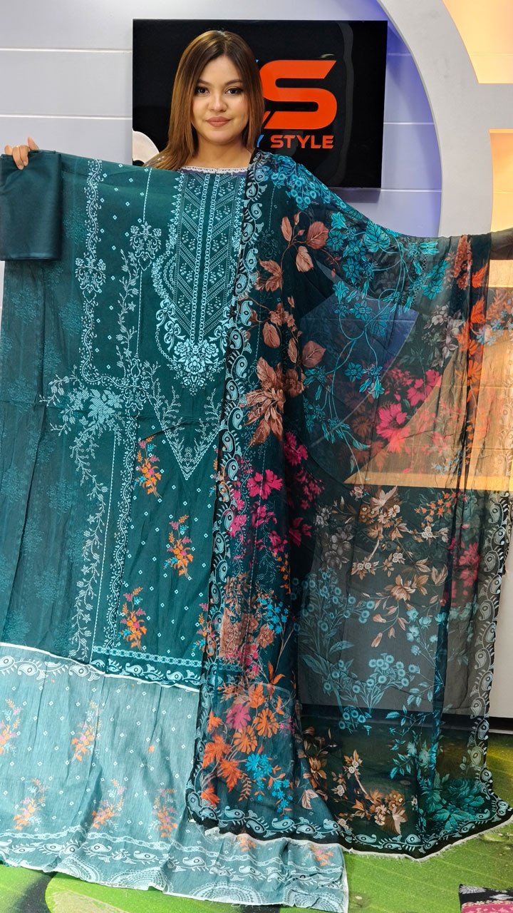 New Premium Zom Zom Lawn Three Piece-Chiffon Dupatta