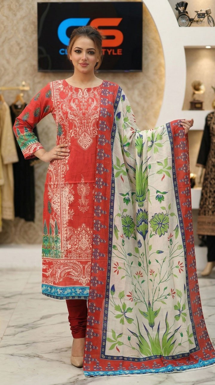 New Premium Zom Zom Lawn Three Piece-Cotton Dupatta