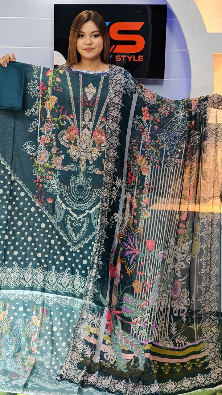 New Premium Zom Zom Lawn Three Piece-Chiffon Dupatta