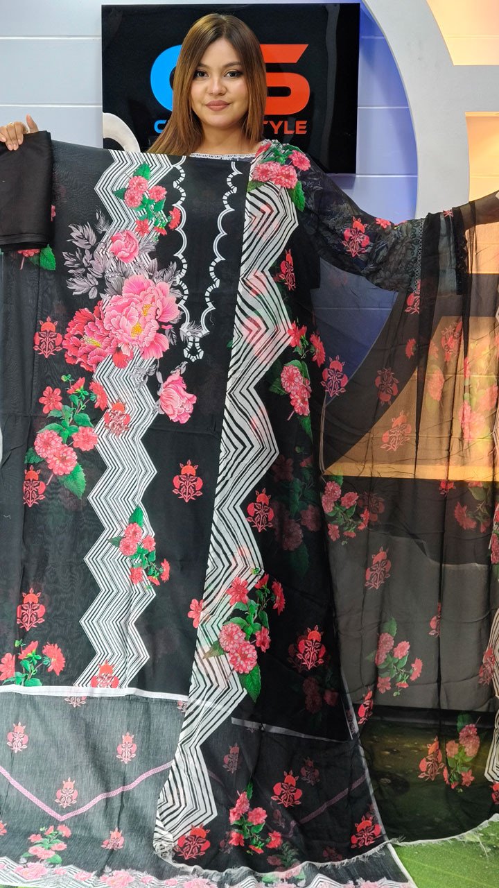 New Premium Zom Zom Lawn Three Piece-Chiffon Dupatta