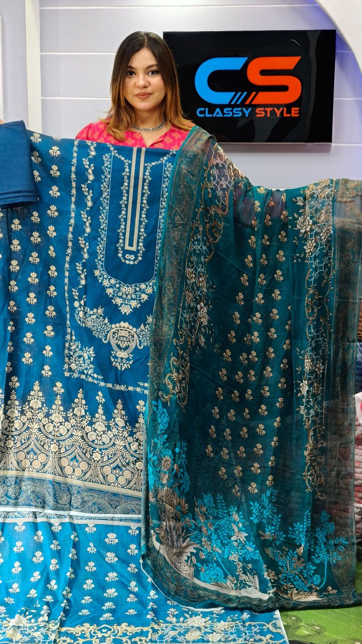 New Premium Zom Zom Lawn Three Piece-Chiffon Dupatta