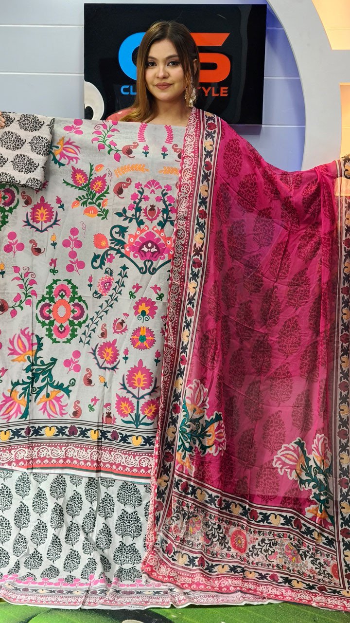 New Premium Azmin Zora Lawn Three Piece-Chiffon Dupatta With Print Salwar