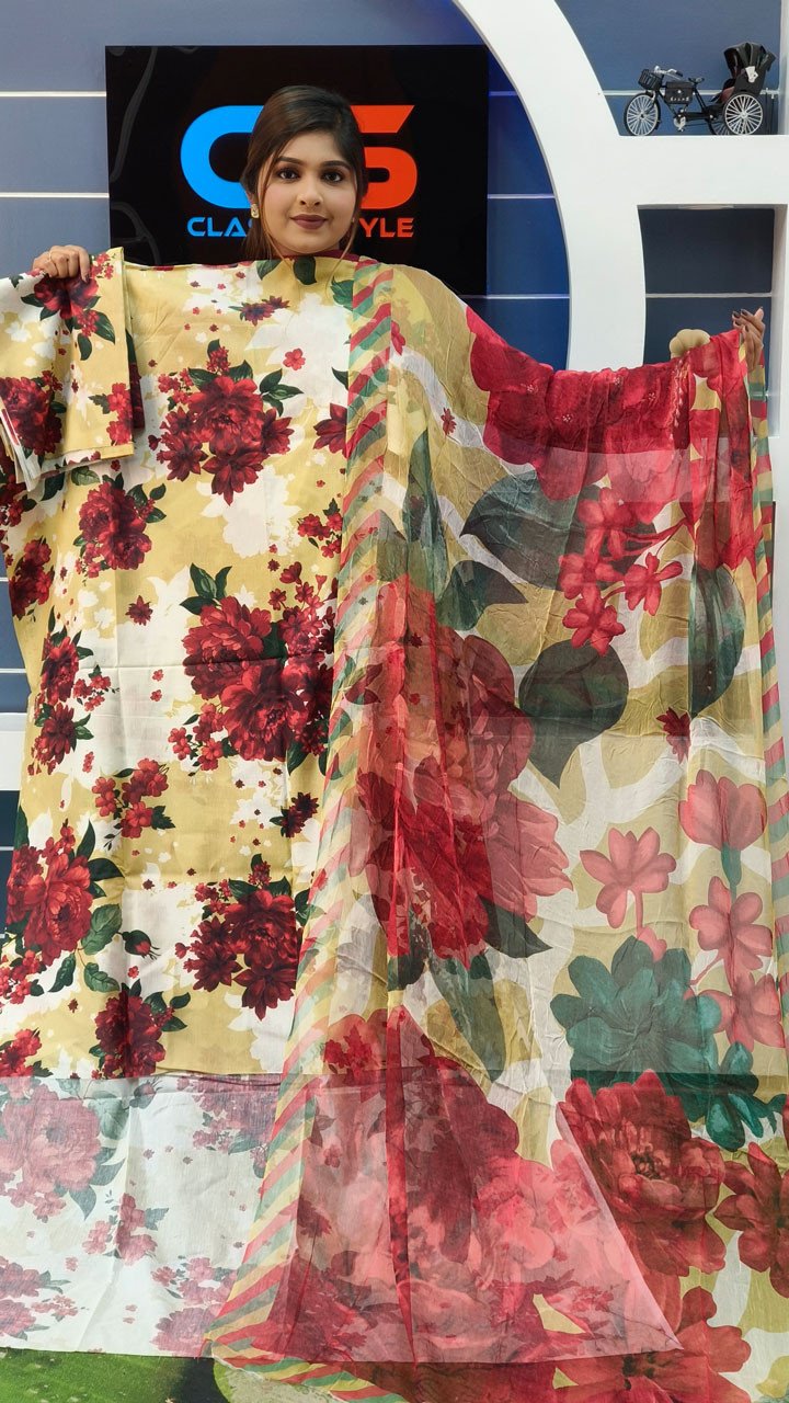 Coco Premium Cotton Lawn Three Piece Set Chiffon Dupatta