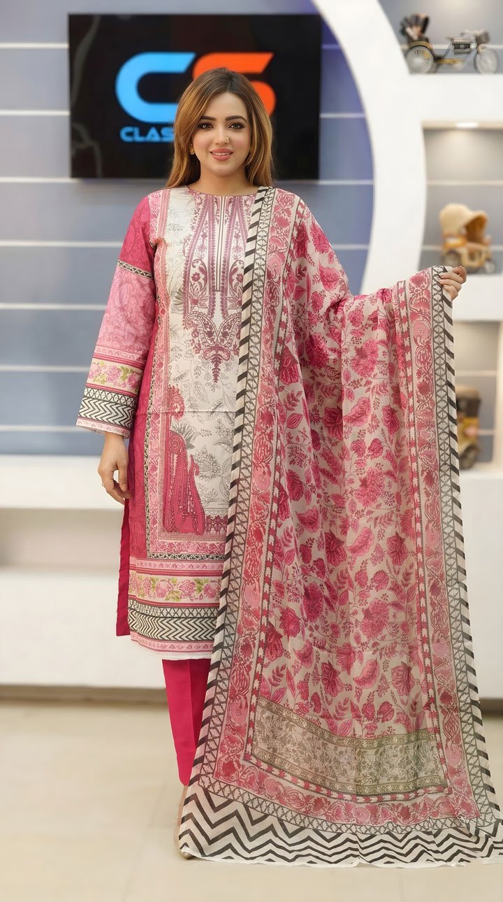 New Premium Zom Zom Lawn Three Piece-Chiffon Dupatta