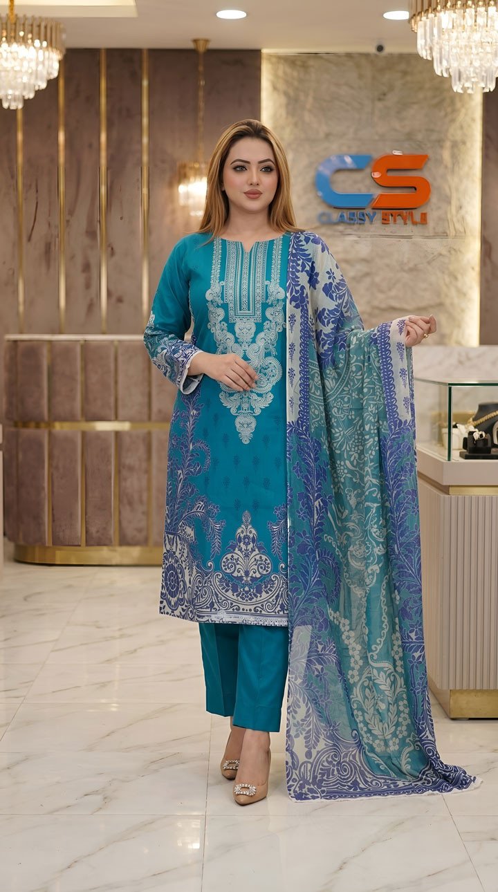 New Premium Zom Zom Lawn Three Piece-Chiffon Dupatta