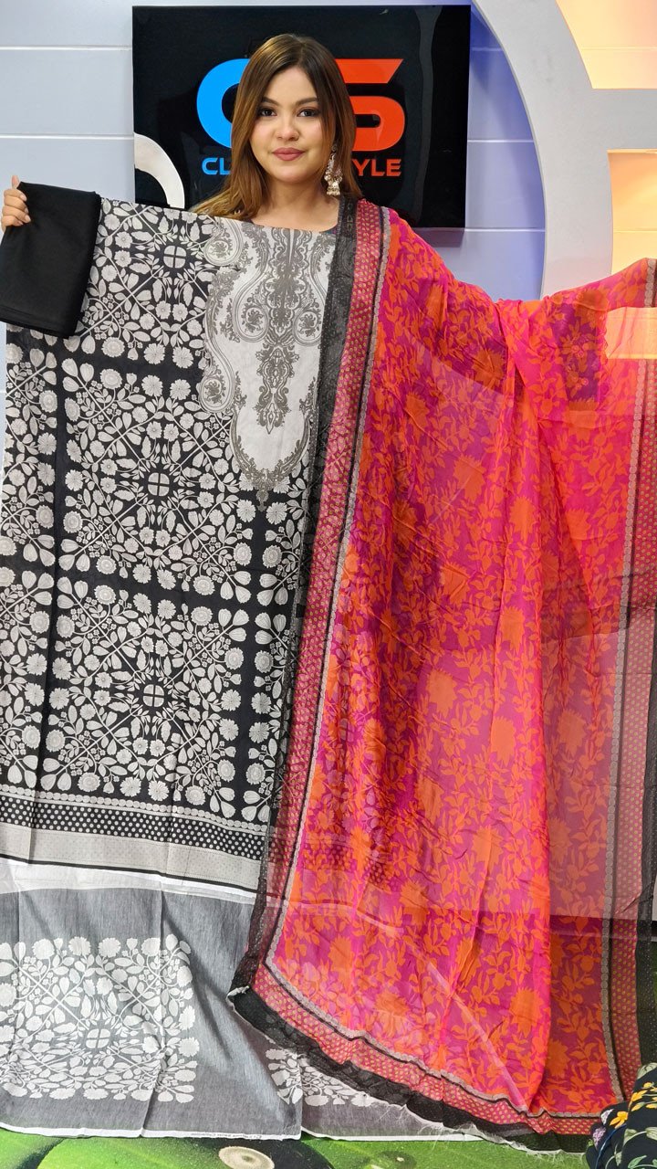 New Premium Zom Zom Lawn Three Piece-Chiffon Dupatta