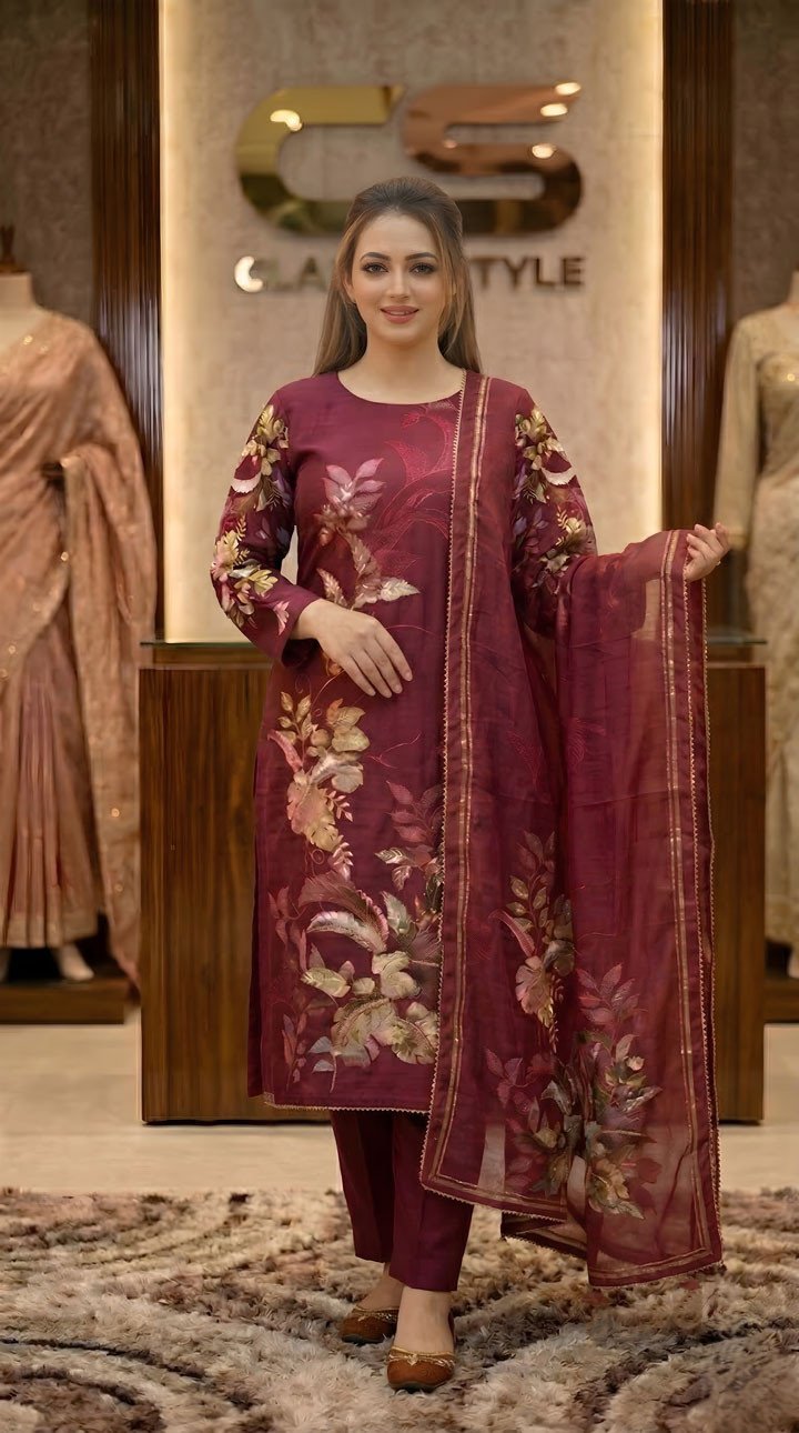 Rakhi Premium Silk Embroidery Three Piece Set