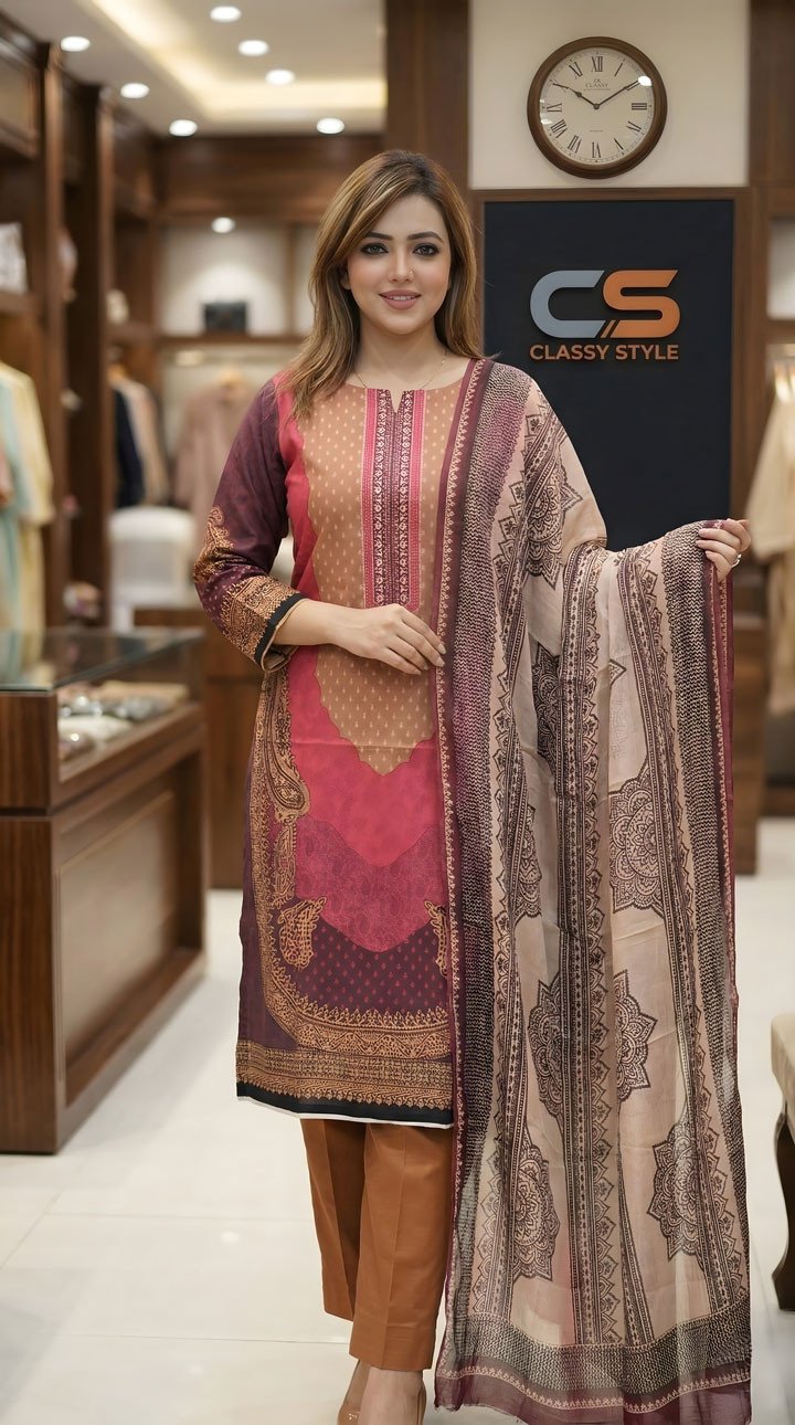 New Premium Zom Zom Lawn Three Piece-Chiffon Dupatta